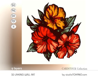 3D SVG layered Hibiscus mandala laser cut, multilayer art, cardstock shadow box for glowforge, silhouette, cricut.