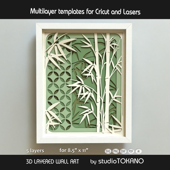3D Laser Cut Bamboo Wall Art - Asian Shadow Box SVG for Cricut - Multilayer Template for Papercut en Cardstock Craft
