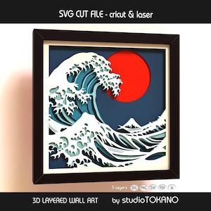 May include: A framed 3D layered wall art piece featuring a stylized depiction of a large ocean wave with a red sun in the background. The artwork is in shades of blue, white, and red, with the text "SVG CUT FILE - cricut & laser" at the top.