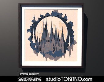 SVG a strati 3D che funziona per CRICUT! Svg multistrato Gothic City, mandala a strati, shadowbox Papercut per Silhouette, Glowforge, CNC, laser