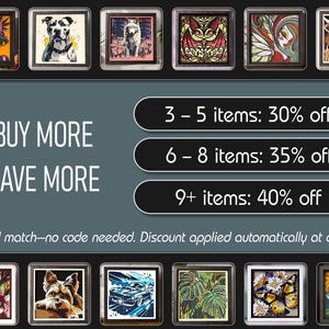 May include: A collection of twelve square framed art prints featuring diverse subjects including a sugar skull, animals, a car, and floral patterns. The text reads: BUY MORE SAVE MORE, 3-5 items: 30% off, 6-8 items: 35% off, 9+ items: 40% off.