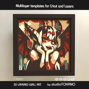 May include: A framed 3D layered wall art piece featuring a stylized anime character with horns and wings. The artwork uses multiple layers in shades of red, beige, and black. The frame is dark brown. Text on the image reads "Multilayer templates for Cricut and Lasers."
