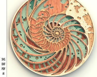 3D Layered Nautilus SVG, Shell Laser Cut File, Ocean Plywood Art Cut Files, Wood Fibonacci Spiral Mandala Silhouette for Glowforge, Digital