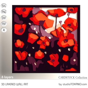 Couche 3D SVG pour CRICUT ! Boîte d'ombre aux coquelicots rouges multicouches. Papier cartonné de taille standard, modèle de découpe de papier en couches pour Silhouette, CNC, laser