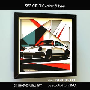 Porsche 911 Shadow Box SVG / Arte mural de coche con recortes de papel en capas 3D / Archivo de corte láser y Cricut / Decoración de garaje