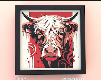 3D Layered SVG | Cardstock cut file for multilayer mandala wall art | Papercut Shadow Box Design Highland Cow for Cricut, Silhouette & Laser