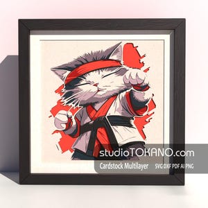 SVG em camadas 3D | Arquivo de corte em papel cartão para arte de parede de mandala multicamadas | Design de caixa de sombra recortada em papel "Gato Karatê" para Cricut, Silhouette e Laser