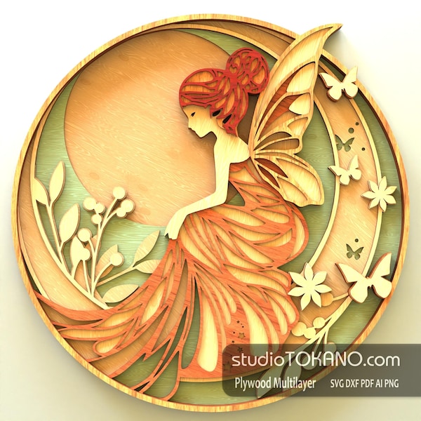 3D Layered Mermaid SVG, Fairy on the Moon Laser Cut File, Fairy Plywood Art Cut Files, Wood Fairy Mandala Silhouette for Glowforge, Digital