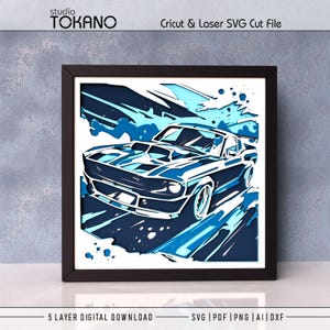 Boîte d'ombre 3D Ford Mustang | SVG laser pour Cricut | Modèle de découpe papier voiture | Mandala à plusieurs niveaux | Fichier d'art mural multicouche et décoration intérieure