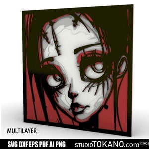 Puede incluir: Una obra de arte multicapa que presenta un rostro femenino estilizado con cabello oscuro y detalles en rojo. La obra tiene un efecto tridimensional, con los rasgos faciales destacando sobre un fondo negro y rojo. El texto "MULTILAYER" y las opciones de tipo de archivo son visibles.