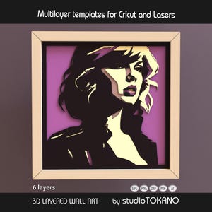 May include: A framed 3D layered wall art piece with a woman's portrait, designed for Cricut and laser cutting. The artwork has six layers and is set within a light-coloured wooden frame. The colour palette includes black, purple, and cream. The text "Multilayer templates for Cricut and Lasers" is at the top.