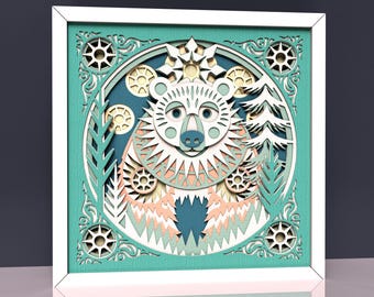 Folk Art Bear Shadow Box SVG for Cricut and Laser | 8 Layer Winter Woodland Papercut | Multilayer Wildlife Wall Art