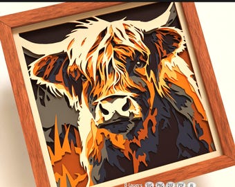 Highland Cow Shadow Box SVG | 8 Layer 3D Farm Papercut | Cricut & Laser Cut File | Multilayer Cardstock Wall Art