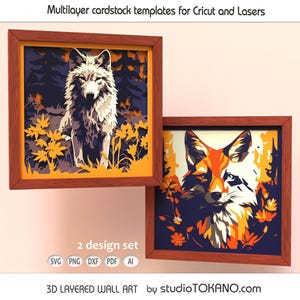 3D Ebenen SVG Set! Multilayer Woodland Wolf + Fuchs Shadow Box. Standardgröße Cardstock, Layered Papercut Vorlage für Cricut, CNC, Laser