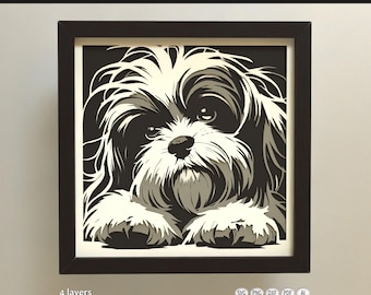 May include: A square framed 3D layered wall art piece featuring a stylized black and white illustration of a shaggy dog. The text at the top reads Multilayer templates for Cricut and Lasers, with 4 layers and studioTOKANO at the bottom.