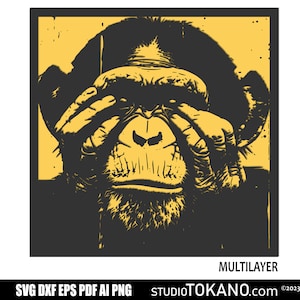 May include: A black and white illustration of a monkey covering its eyes with its hands. The monkey's face is in focus, and the background is a yellow colour.