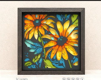 Plantilla de corte de papel 3D multicapa de 9 capas con diseño de girasol en formato SVG, archivo de corte láser y Cricut, arte floral para pared.