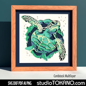 ¡SVG de capas 3D para CRICUT! Caja de sombras multicapa de tortuga marina. Cartulina de tamaño estándar, plantilla de Papercut en capas para Silhouette, CNC y láser.