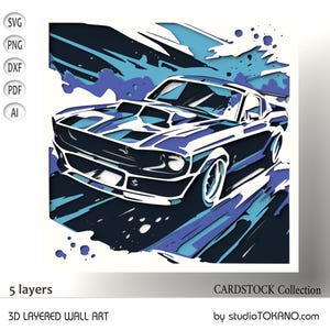 3D SVG Shadowbox, gelaagd karton Ford Mustang Shelby papier knippen voor Cricut, meerlaagse mandala lasersjabloon. Op maat gemaakte kunst aan de muur als cadeau