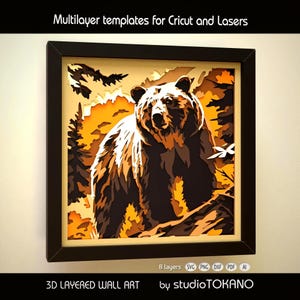 Grizzly Bear Shadow Box SVG | 8 Layer 3D Wildlife Papercut | Cricut Laser Cut File | Nature Cabin Wall Art Decor