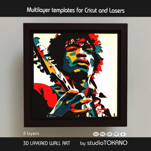 以下が含まれることがあります： ギターを持ったミュージシャンの鮮やかなポップアートスタイルの肖像画が描かれた、額入りの3Dレイヤーウォールアート。赤、黄、青、黒の配色を使用。テキスト「Multilayer templates for Cricut and Lasers」と「3D LAYERED WALL ART」が表示されています。