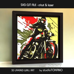 May include: 3D layered wall art in a black frame. The artwork depicts a person riding a motorcycle, with red and yellow accents. The text "SVG CUT FILE - cricut & laser" is at the top, and "3D LAYERED WALL ART" and "by studioTOKANO" are at the bottom.