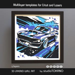 May include: 3D layered wall art of a classic car in a black frame. The car is depicted in shades of blue and white, with a dynamic, layered design. The artwork is labeled "Multilayer templates for Cricut and Lasers" and includes the text "5 layers" and "by studioTOKANO."