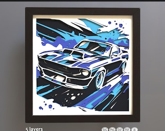 Ford Mustang con caja de sombra 3D / SVG láser para Cricut / Plantilla de corte de papel para coche / Diseño de mandala en capas / Archivo de arte mural multicapa y decoración del hogar