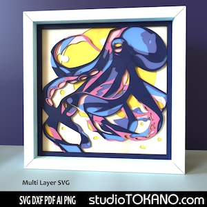 Couche 3D SVG pour CRICUT ! Boîte d'ombre multicouche Octopus. Papier cartonné de taille standard, modèle de découpe de papier en couches pour Silhouette, CNC, laser