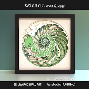 May include: Framed 3D layered wall art depicting a nautilus shell. The artwork uses multiple layers in green, beige, and white, within a black frame. The image includes the text "SVG CUT FILE - cricut & laser" and "3D LAYERED WALL ART".