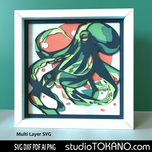Couche 3D SVG pour CRICUT ! Boîte d'ombre multicouche Octopus. Papier cartonné de taille standard, modèle de découpe de papier en couches pour Silhouette, CNC, laser