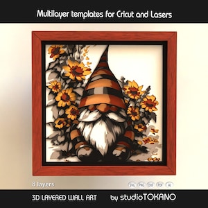 Diseño de caja de sombras con forma de gnomo girasol, cortado con láser en 3D multicapa. Archivos SVG en capas para Glowforge y Cricut. Archivos de corte para madera contrachapada y cartulina.