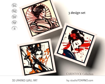 Peut inclure: Ensemble de trois décorations murales en 3D superposées représentant des femmes japonaises dans différentes poses. Les motifs sont dans un cadre blanc et présentent un schéma de couleurs noir et blanc, rouge et blanc et orange et blanc.