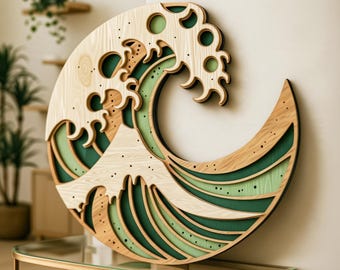 3D Wave Laser Cut File -Mandala Wall Art SVG - Glowforge Xtool DIY Home Deco - Multilayer Wooden Great Wave Template