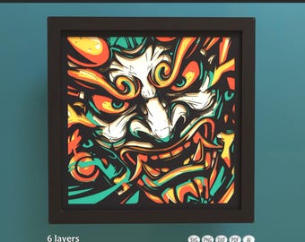 Oni-mask Shadow Box SVG | 3D-lagers japansk pappersklippning | Cricut- och laserskuren fil | Flerlagerskartongväggkonst
