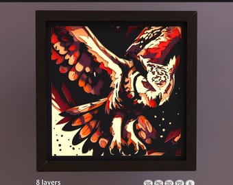 Archivo de corte SVG/cartulina en capas 3D para arte mural de mandala multicapa / Diseño de caja de sombras de papel "Búho" para Cricut, Silhouette y láser