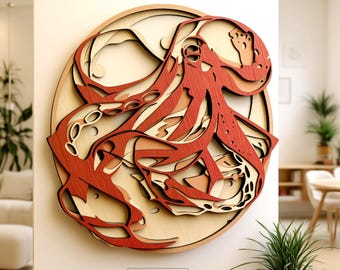 3D Octopus Layered Laser Cut File SVG | Multilayer Ocean Sea Life Wood Wall Art | Glowforge xTool DXF Pattern | Plywood Layered Art Template