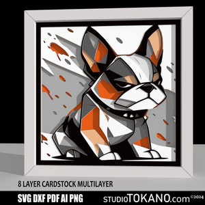 May include: A digital illustration of a French bulldog with a geometric design in black, white, and orange. The dog is sitting and looking to the left. The background is a white surface with gray and orange splatters.