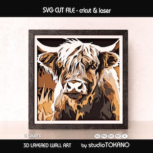 May include: A square framed 3D layered wall art piece featuring a Highland cow illustration. The artwork consists of 8 layers in shades of brown, black, and white. Text at the top reads SVG CUT FILE - cricut & laser, and at the bottom 8 Layers 3D LAYERED WALL ART by studioTOKANO.