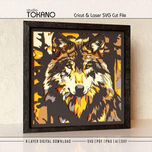 May include: A multi-layered, square-framed wall art piece featuring a detailed wolf portrait. The design uses stacked cutouts in shades of black, brown, cream, and yellow to create depth. Text at the top reads studio TOKANO Cricut & Laser SVG Cut File.