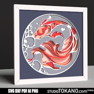 Peut inclure: Un cadre blanc avec un fond bleu et une découpe en papier rouge et blanc d'un poisson dans un cercle. Le poisson est dans un design stylisé avec du papier en couches.