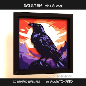 Raven Shadow Box SVG | 8 Layer 3D Bird Papercut | Cricut Laser Cut File | Sunset Multilayer Wall Art