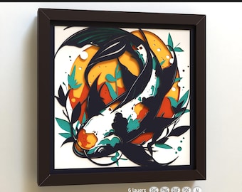 Koi Fish Shadow Box SVG | 6 Layer 3D Papercut Japanese Wall Art | Cricut & Laser Cut File | Zen Home Decor Gift
