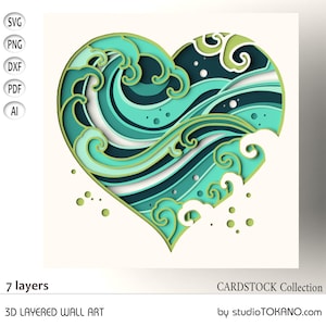 Couche 3D SVG pour CRICUT ! Boîte d'ombres multicouche Heart Wave. Papier cartonné de taille standard, modèle de découpe de papier en couches pour Silhouette, CNC, laser
