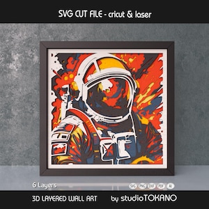 Astronaut Shadow Box SVG för Cricut | Rymdväggkonst i 6 lager | Laserskuren fil i flera lager | Mall för 3D-pappersklippning
