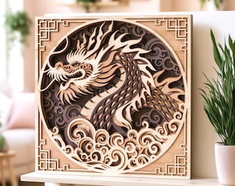 Chinese Dragon Laser Cut File | Asian Multilayer SVG | 3D Layered Plywood Wall Art | Glowforge xTool LightBurn | Oriental  Wood Mandala
