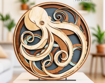 3D multilayer Laser Cut svg for layered wooden plywood wall art "Octopus". For Xtool, Glowforge and all lasers. Mandala cutting template