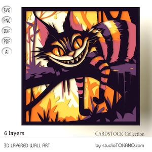 Arquivo de corte de gato Cheshire em camadas 3D, cartão multicamadas SVG Shadowbox, corte de papel, arquivo de corte a laser de gato, silhueta de mandala Alice DIY