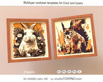 Op de afbeelding: Twee vierkante houten lijsten met 3D-gelaagde kartonnen kunst. De ene lijst toont een konijn tussen bloemen, de andere een eekhoorn. Tekst: Multilayer cardstock templates for Cricut and Lasers, 8 layers, SVG PNG DXF PDF AI, 3D LAYERED WALL ART by studioTOKANO.com.