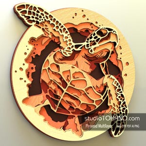 SVG 3D multicapa cortado con láser para arte mural de madera contrachapada en capas "Tortuga". Compatible con Xtool, Glowforge y todos los láseres. Arte mural de mandala.